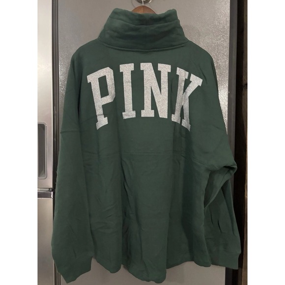 PINK VICTORIA'S SECRET Women's Large GREEN SILVER GLITTER Logo HOODED Long SHIRT - Picture 2 of 7
